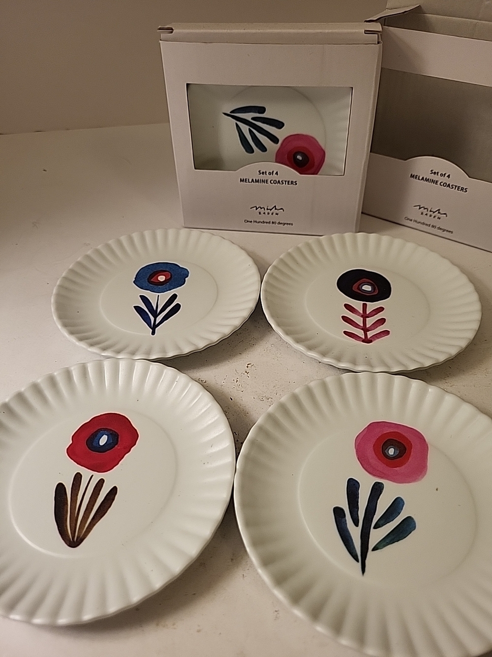 2 Sets of 4 Floral Melamine Coasters  Poppy One Hundred 80 Degrees New In Box
